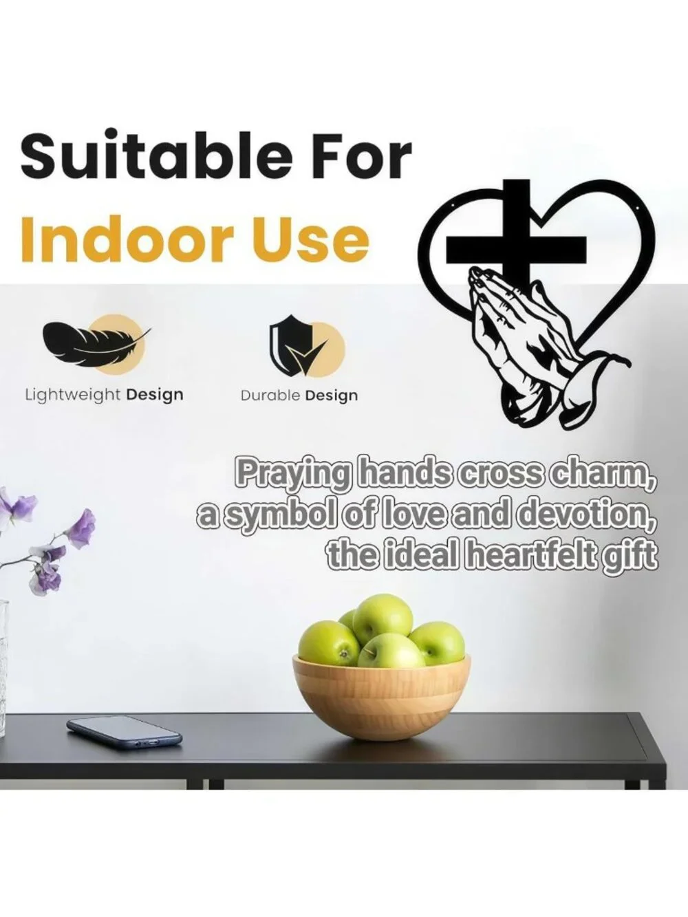 Christian Metal Cross Wall Decor with Sacred Heart & Praying Hands - Farmhouse